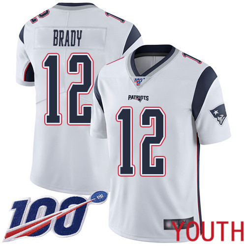 New England Patriots Football #12 Vapor Untouchable 100th Season Limited White Youth Tom Brady Road NFL Jersey->new england patriots->NFL Jersey